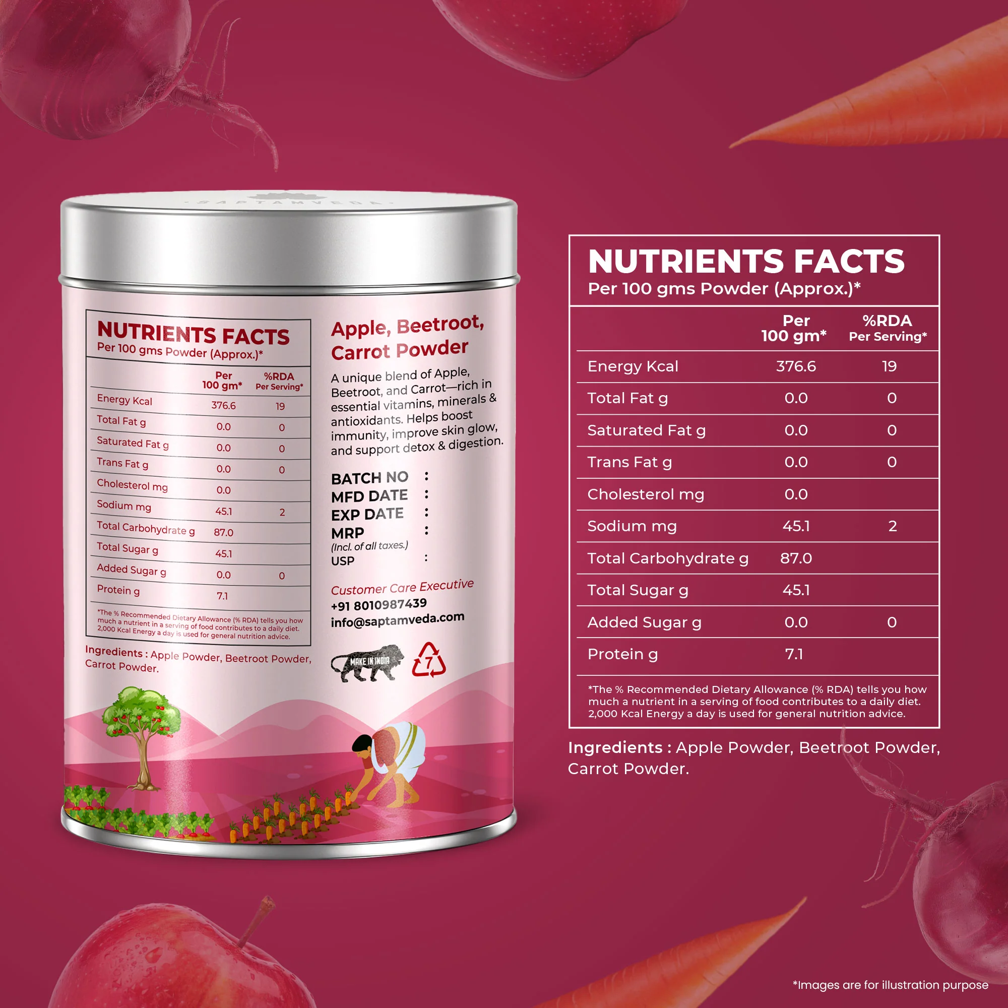 Apple Beetroot Carrot & Moringa Powder 200gm each | Tin Combo - Image 11