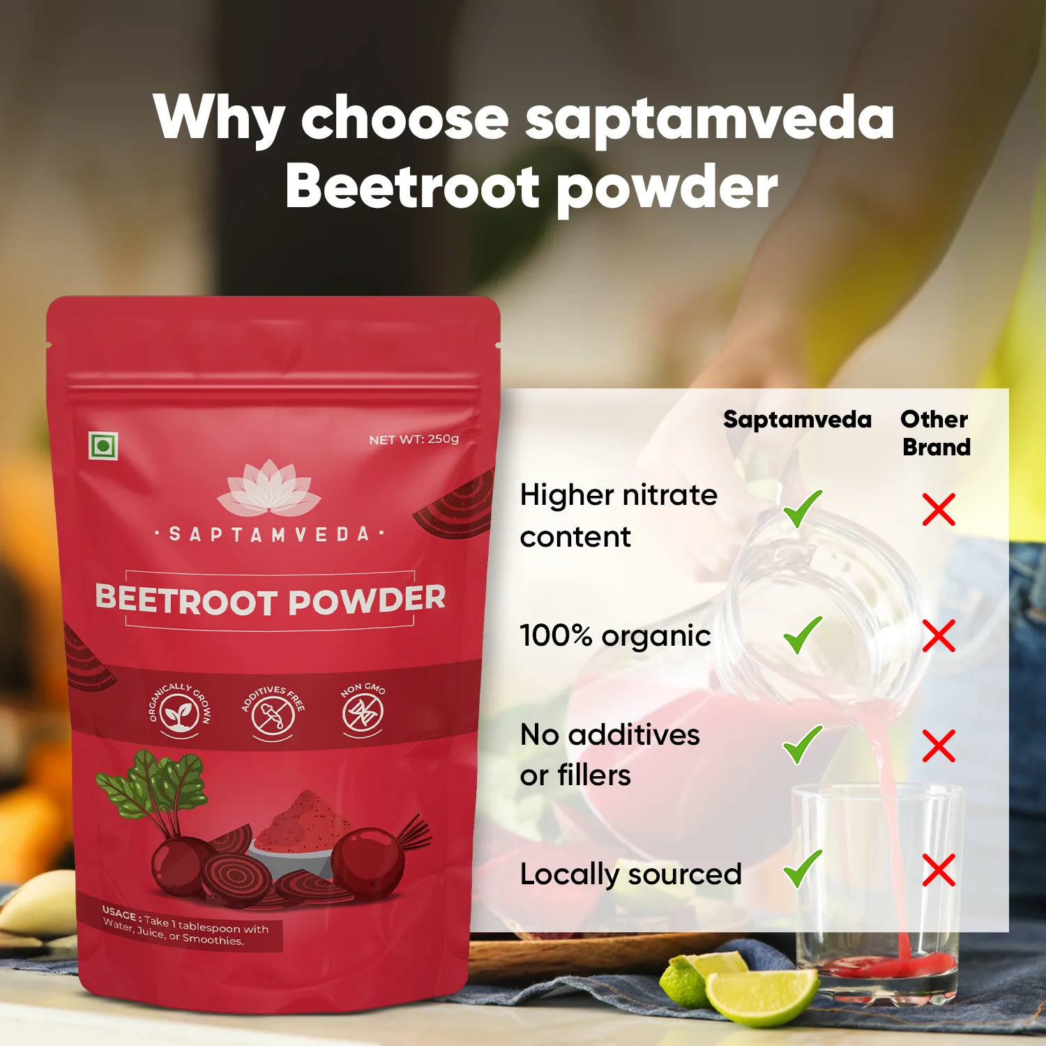 Saptamveda Beetroot Powder - Organic Superfood for Energy, Heart Health & Nutrition, 250g - Image 8