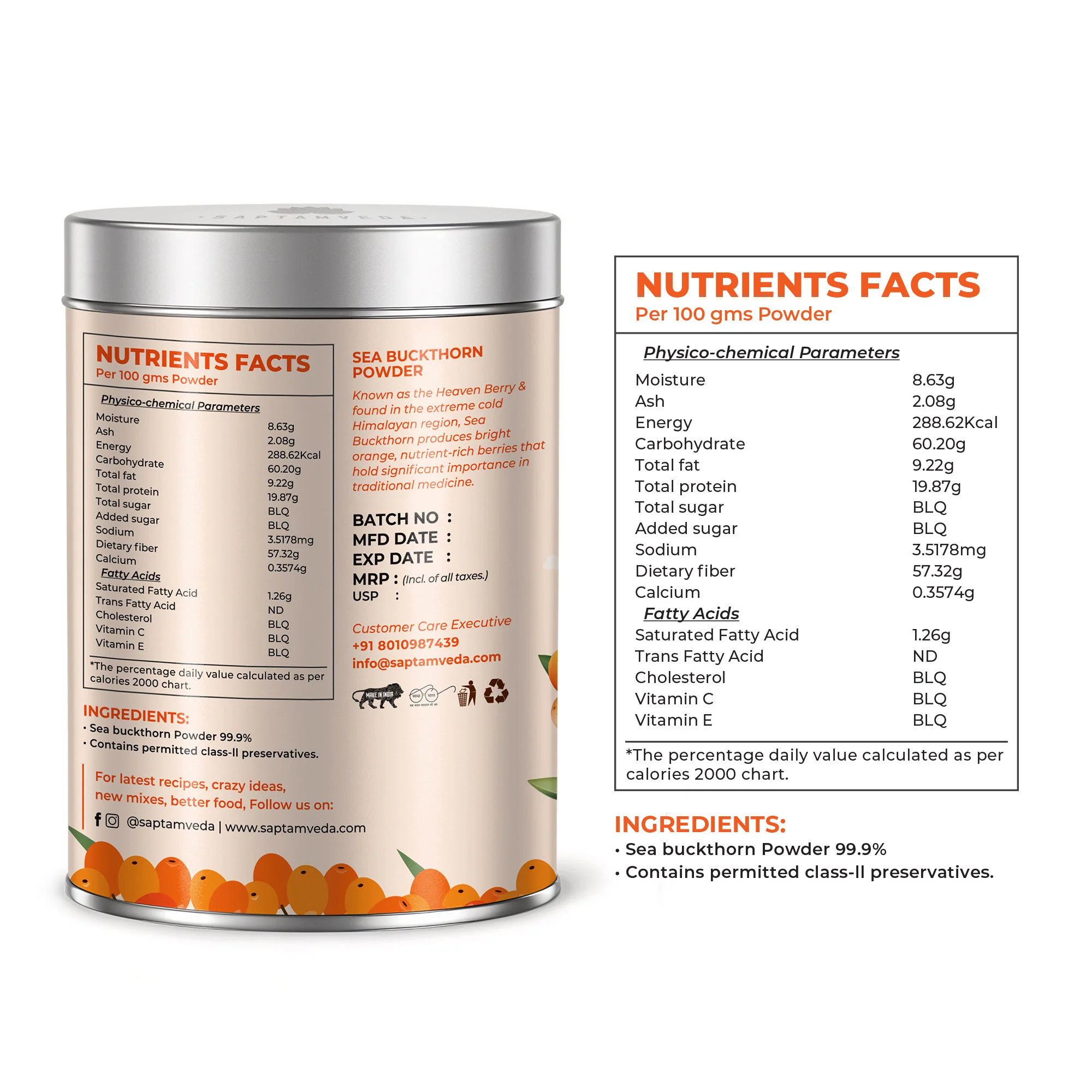 Saptamveda Organic Sea Buckthorn Powder | Himalayan Superberry for Immunity, Skin & Heart Health, 200g Tin - Image 7