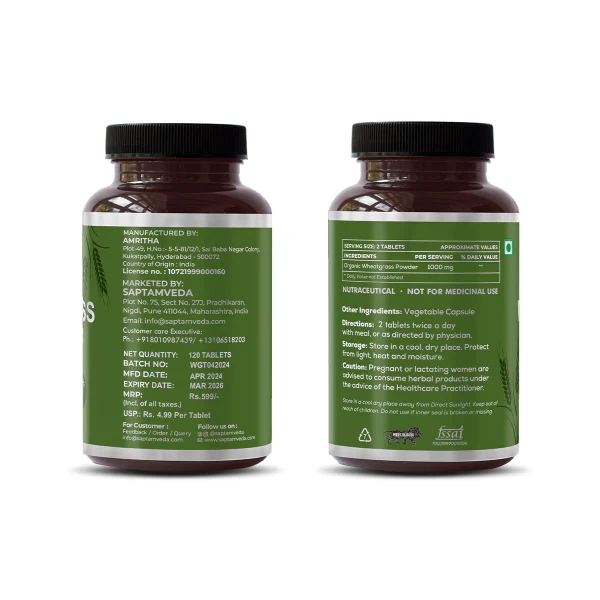 Saptamveda Organic Wheatgrass Tablets - Detox, Energy & Immunity Boost, 500mg Each - Image 5