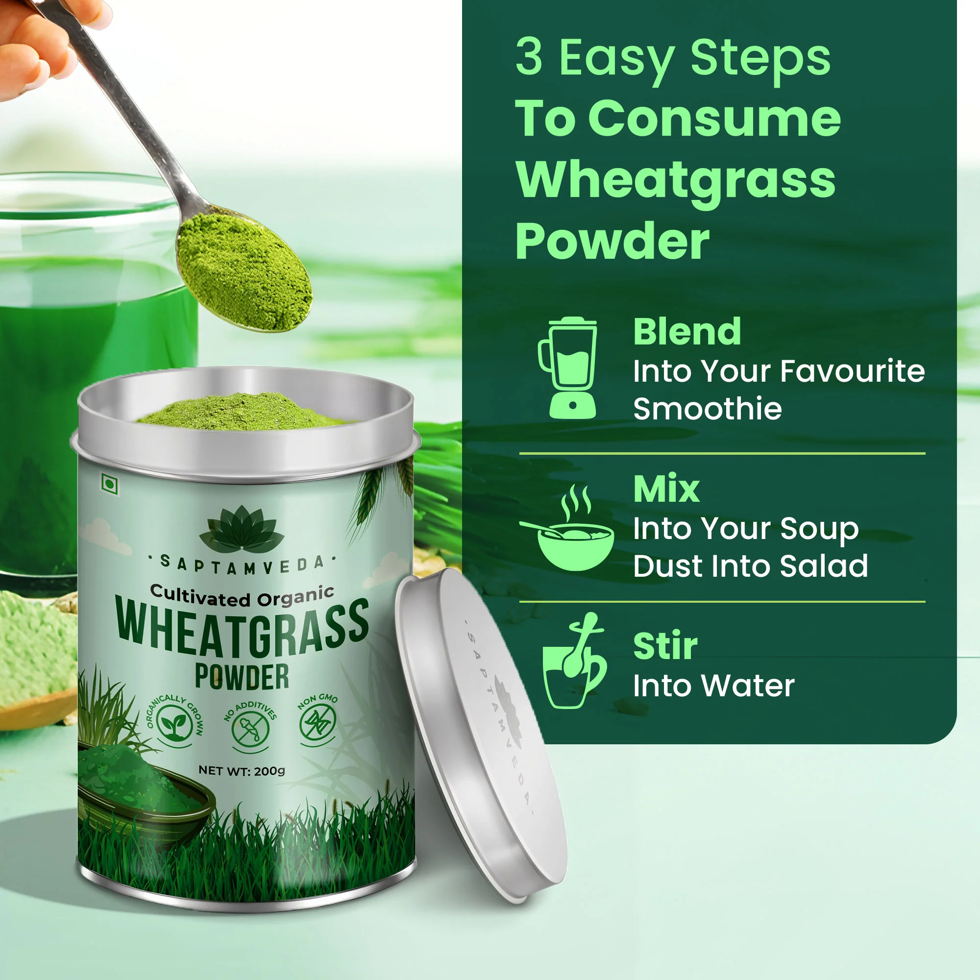 Saptamveda 100% Pure Wheatgrass Powder | Rich in Chlorophyll & Antioxidants | 200g Tin - Image 5