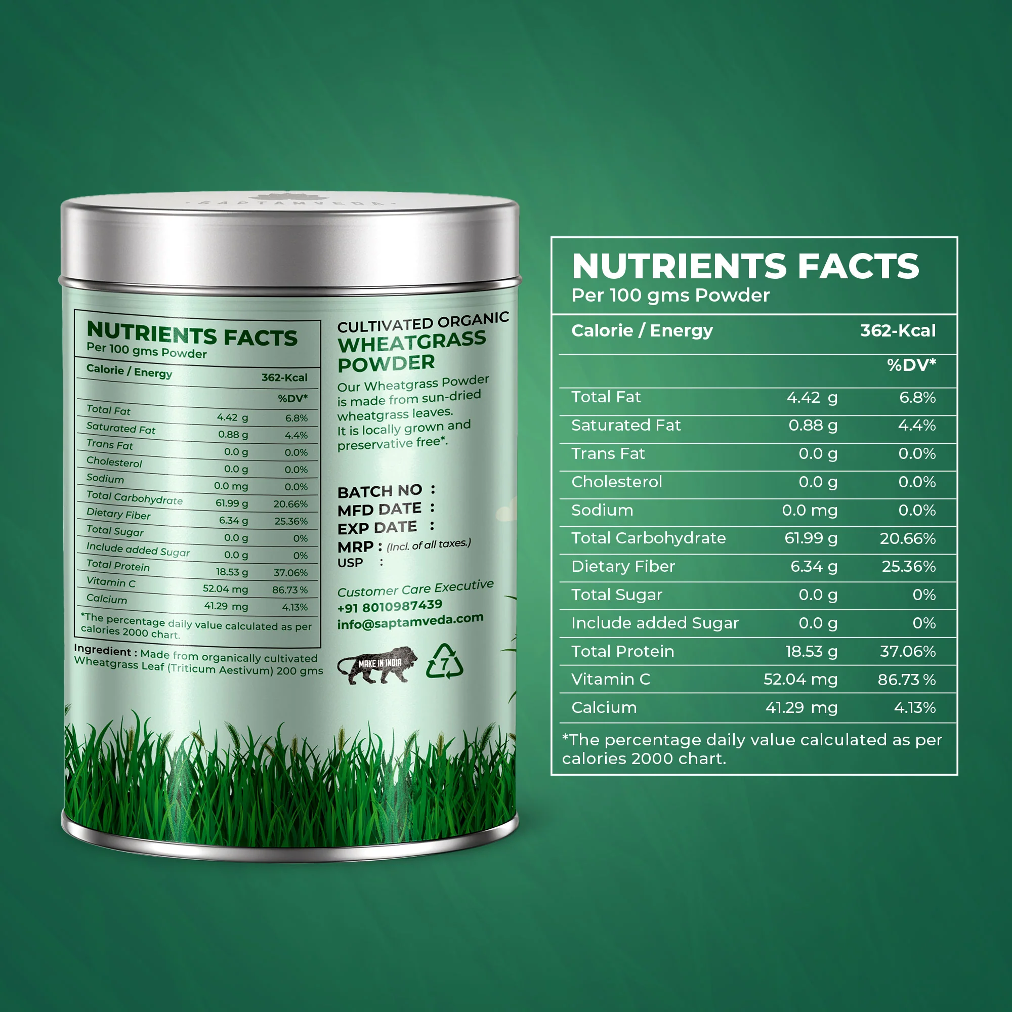 Saptamveda 100% Pure Wheatgrass Powder | Rich in Chlorophyll & Antioxidants | 200g Tin - Image 8