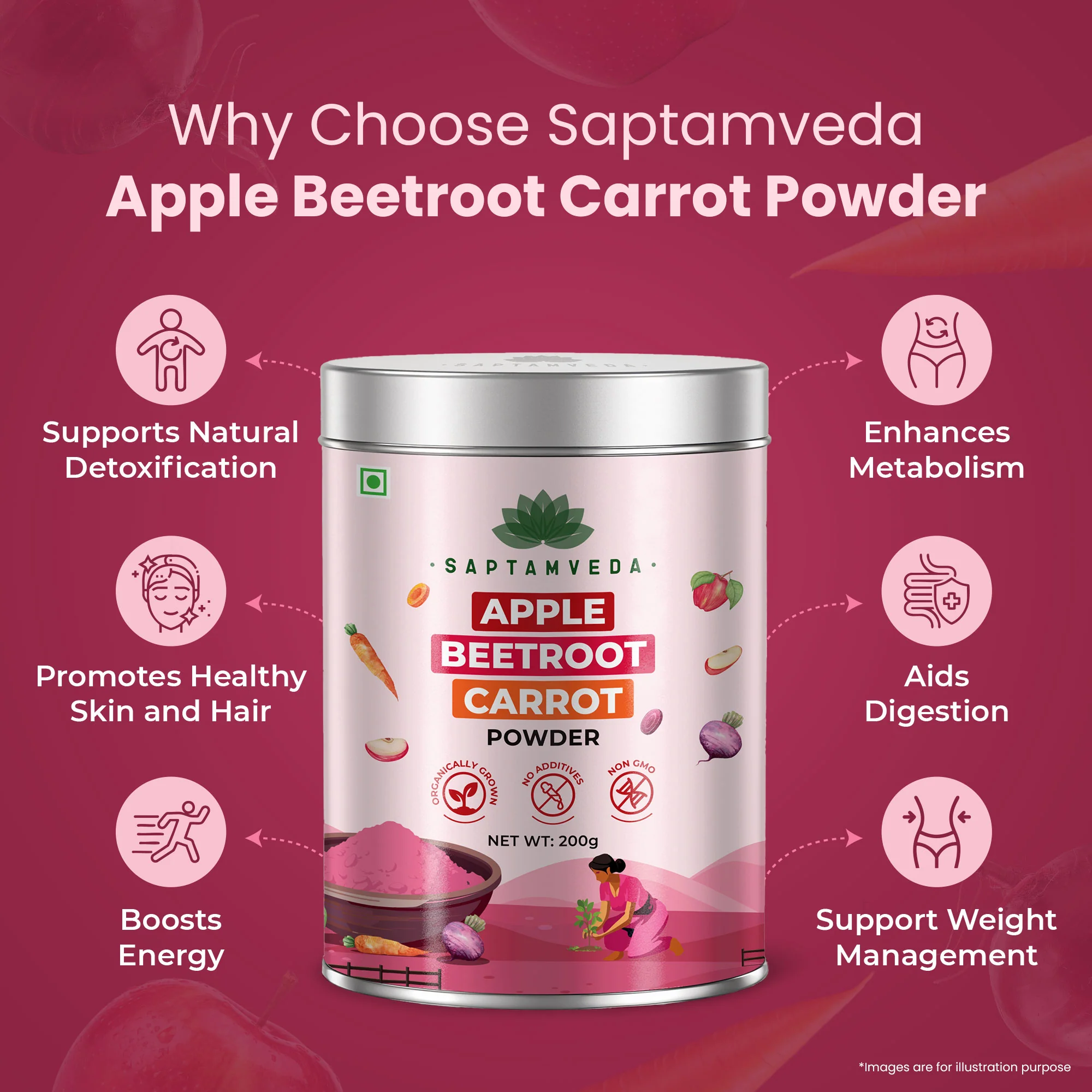 Saptamveda ABC Powder – Apple Beetroot Carrot Blend | Natural Superfood for Energy, Skin & Heart Health | 200g Tin - Image 3