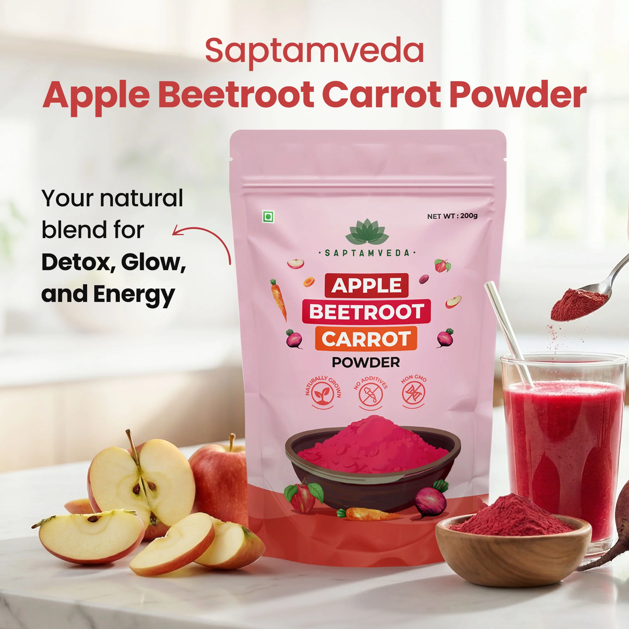 Saptamveda ABC Powder – Apple, Beetroot & Carrot Superfood Powder for Immunity, Skin & Digestion 200gm (Pouch) - Image 6