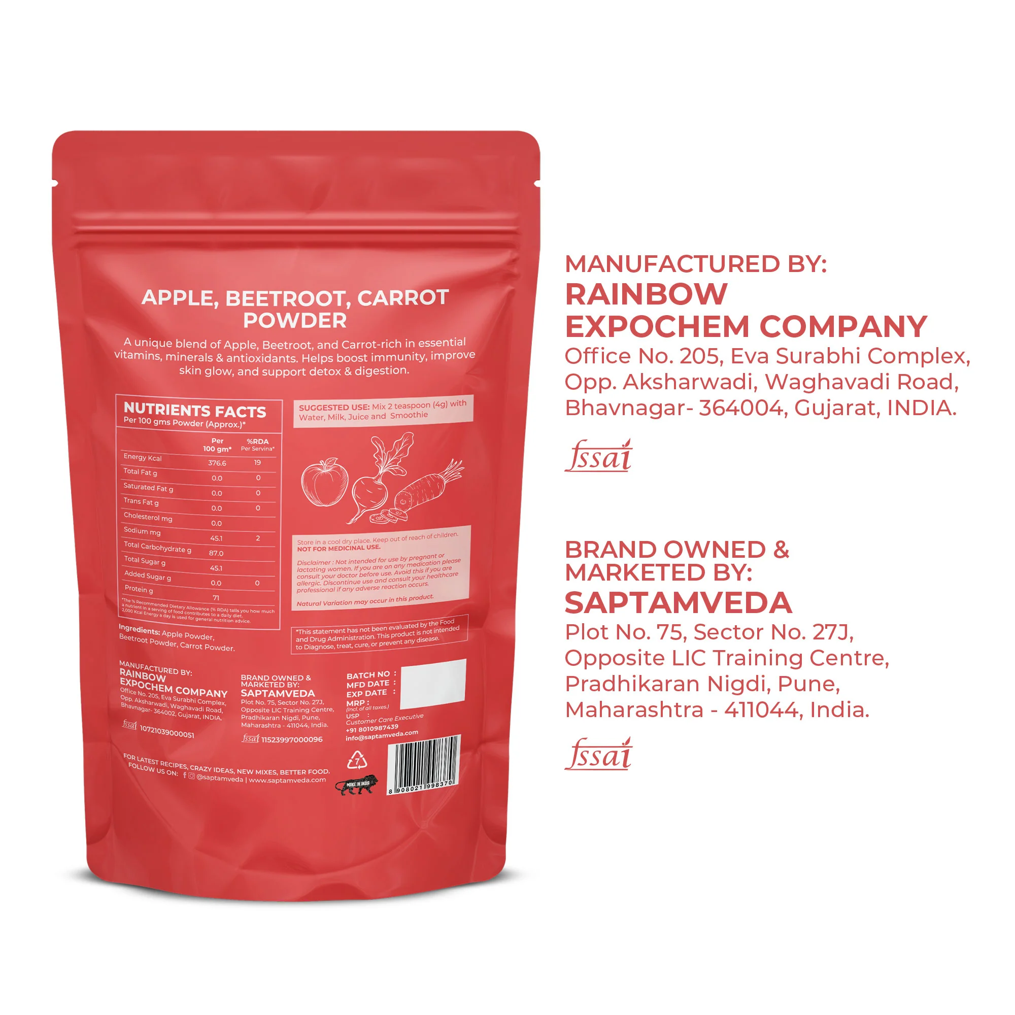 Saptamveda ABC Powder – Apple, Beetroot & Carrot Superfood Powder for Immunity, Skin & Digestion 200gm (Pouch) - Image 7