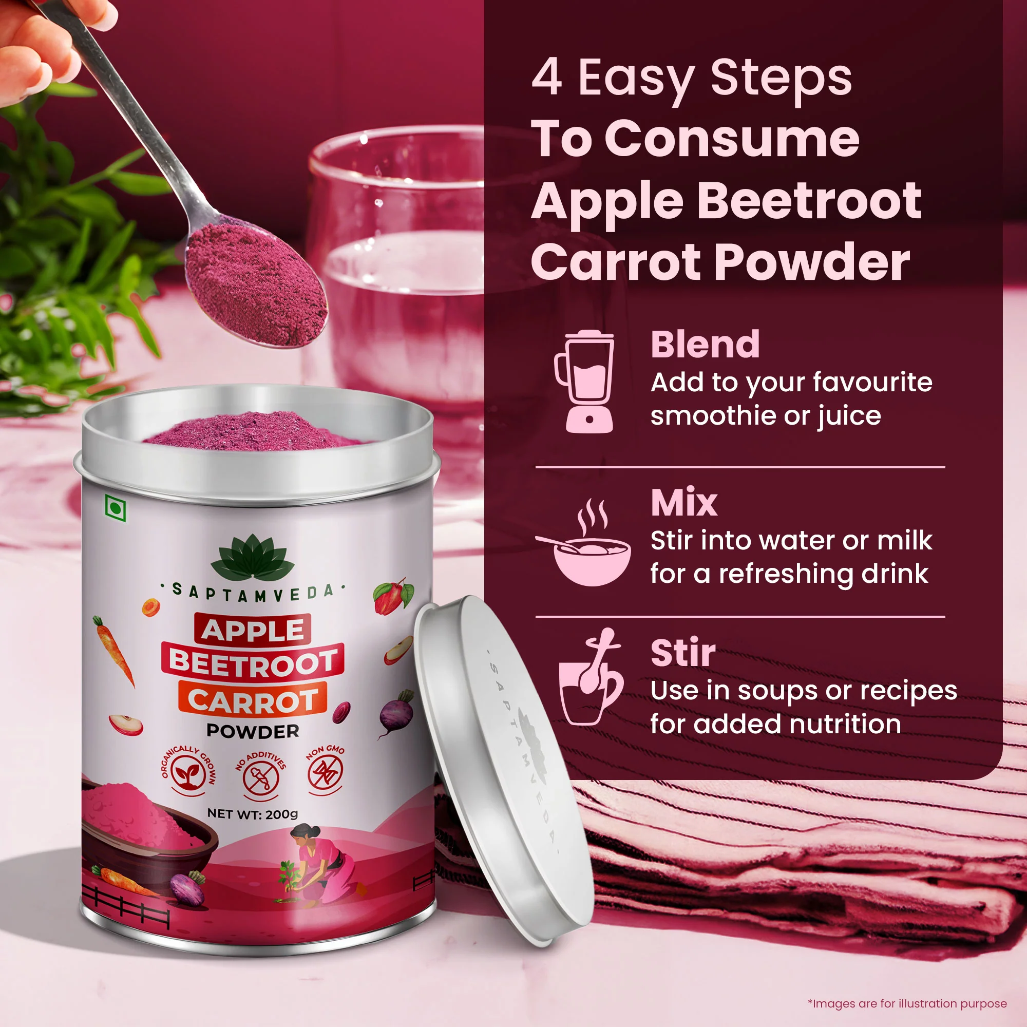Apple Beetroot Carrot & Moringa Powder 200gm each | Tin Combo - Image 5