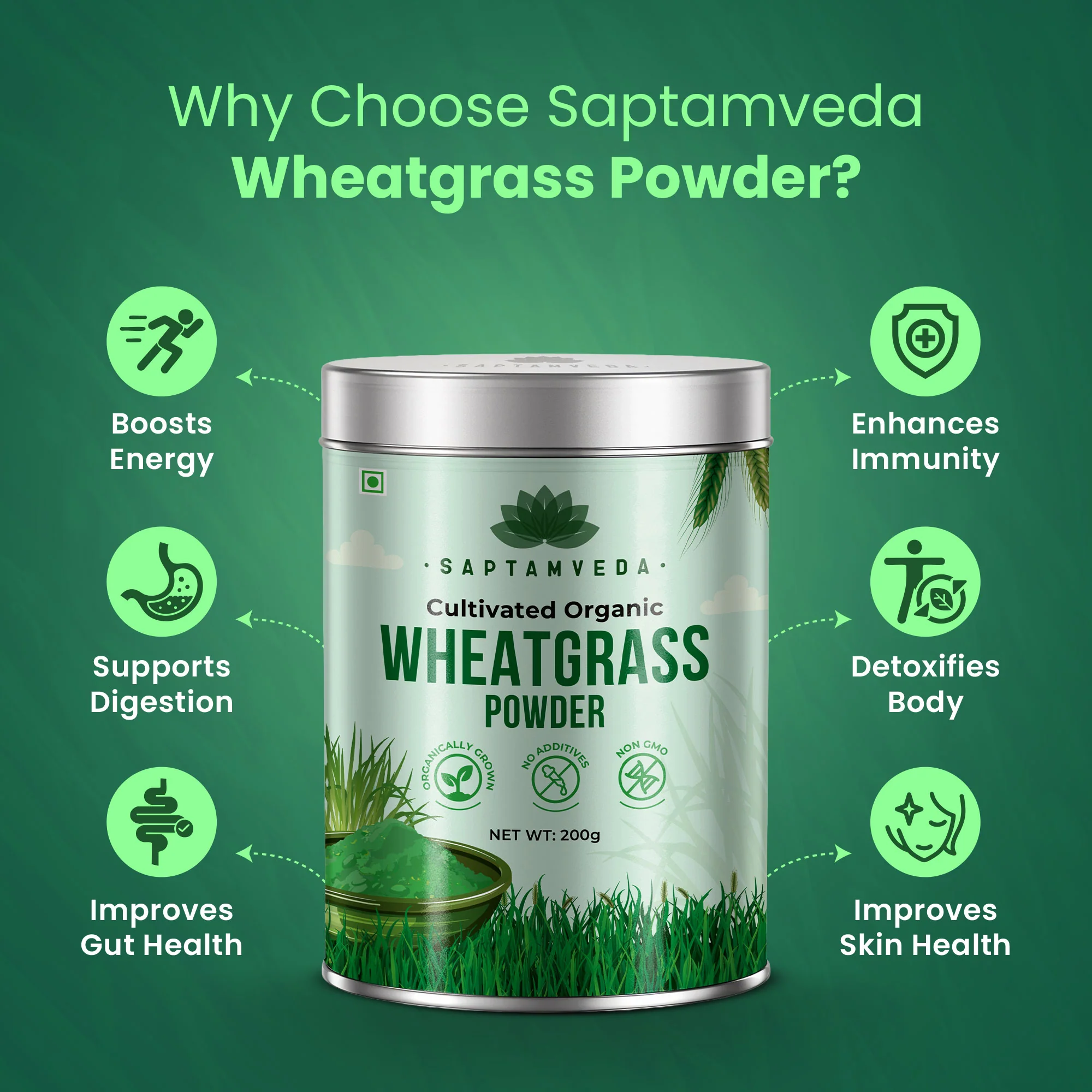 Saptamveda 100% Pure Wheatgrass Powder | Rich in Chlorophyll & Antioxidants | 200g Tin - Image 3