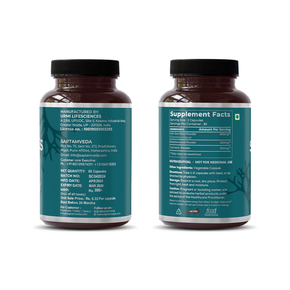 Saptamveda Irish Sea Moss Capsules - Immune Support with Bladderwrack, Burdock & Turmeric, 500mg - Image 5