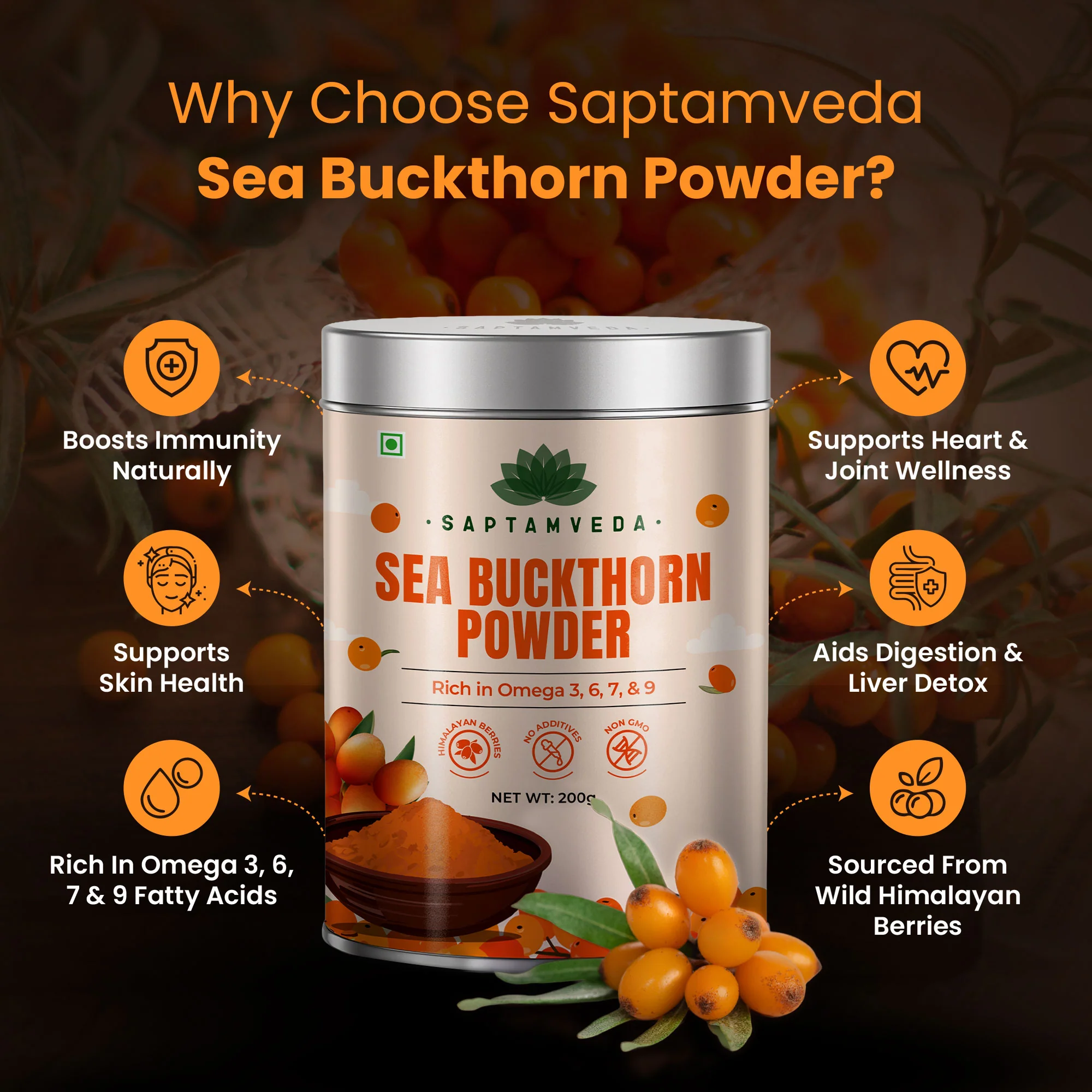 Saptamveda Organic Sea Buckthorn Powder | Himalayan Superberry for Immunity, Skin & Heart Health, 200g Tin - Image 3