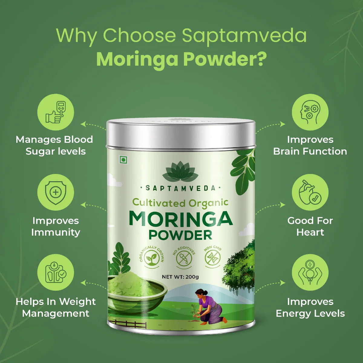 Saptamveda Organic Moringa Powder - Premium Superfood for Energy & Immunity Boost, 200g Tin - Image 3