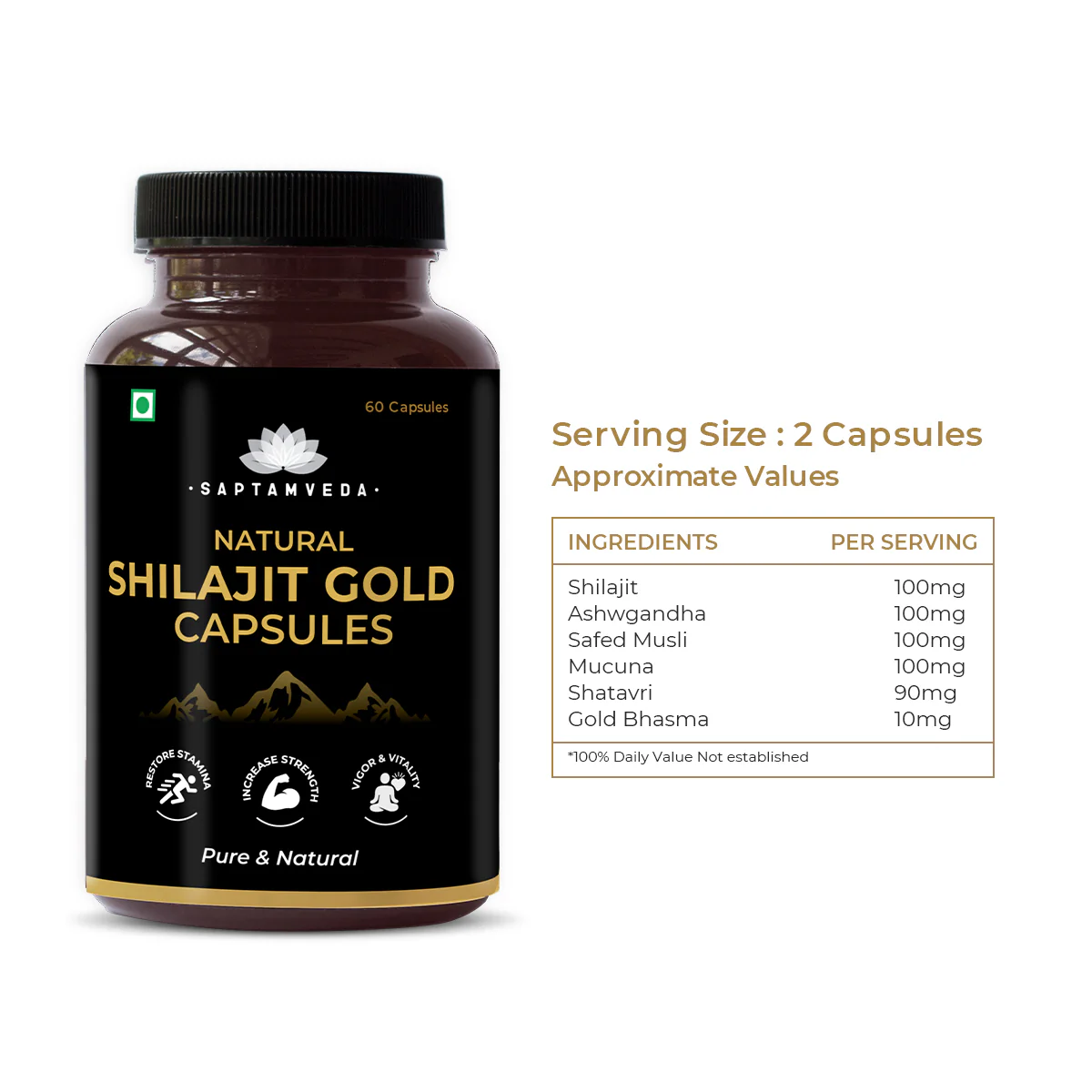 Saptamveda Shilajit Gold Capsules - Ashwagandha & Safed Musli for Vitality & Wellness, 500mg - Image 4